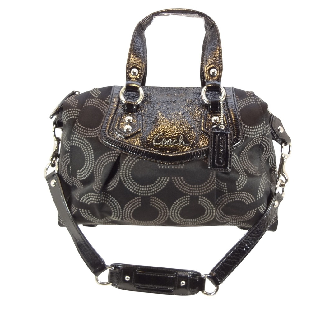 Coach Audrey Dotted Op Art Satchel Medium Black Excellent Metallic Patent COA